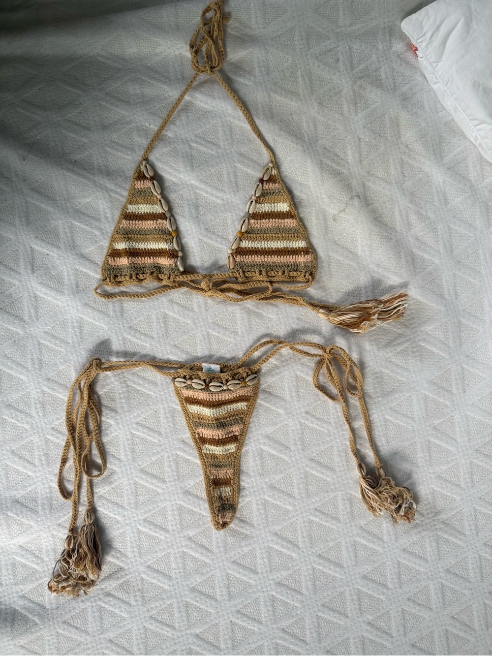 Andi Bagus handmade Crochet Tie Bikini Set in Beige and Cream with Shell Accents